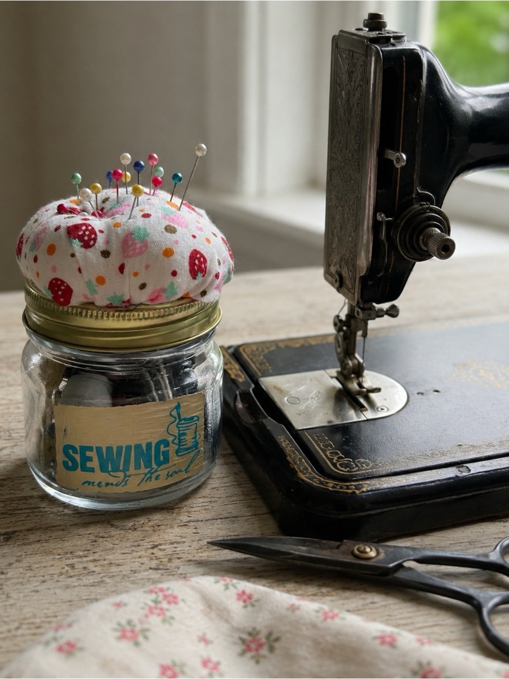 Strawberry-Print Pink Jar Top Pincushion by